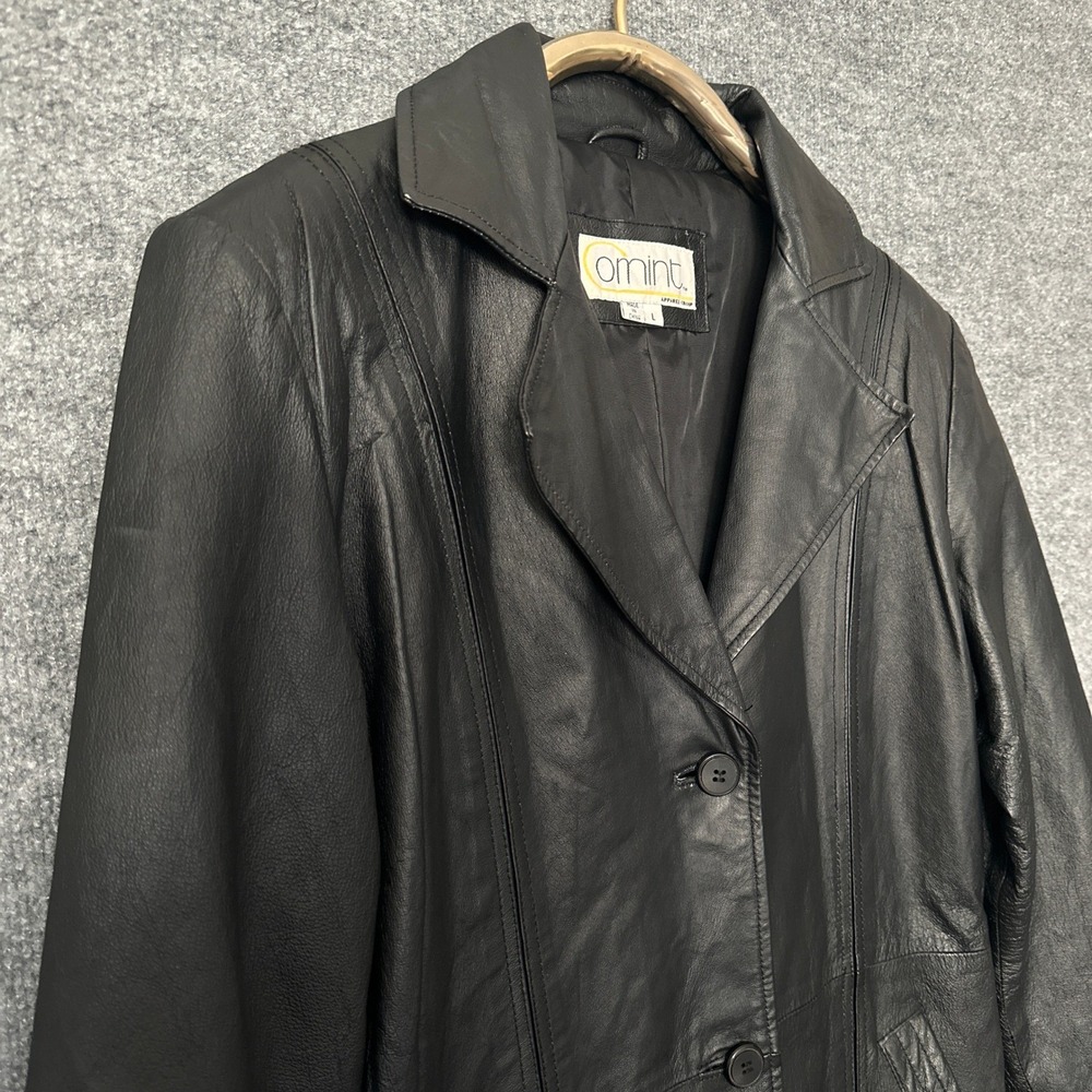 Vintage Omint Trench Coat Womens L Black Leather Long Classic Gothic Jacket - Picture 9 of 16